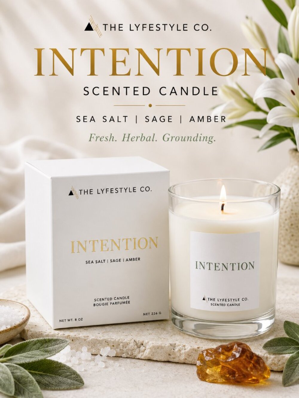 The Lyfestyle Co Intention 8 oz Candle Sea Salt Sage Amber Luxury NIB - Picture 1 of 5